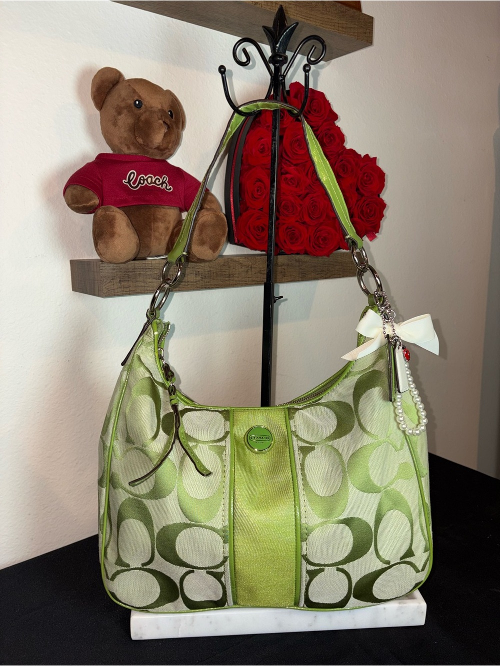 Coach Lime Green Signature C Striped Hobo Signature Shoulder Bag